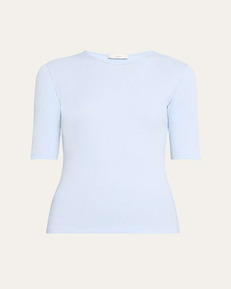 Ribbed Elbow-Sleeve Crewneck Top
